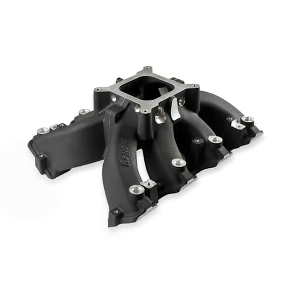 300-255BK EFI single plane split-design race manifold. Fits all GM LS Gen III or IV engines equipped with LS1/LS2/LS6 style cathedral port heads, Black