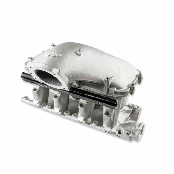 300-310 351W Ford Hi-Ram Intake Manifold with 105mm 1986-95 Ford 5.0 Throttle Body Flange Side Mount Top.
