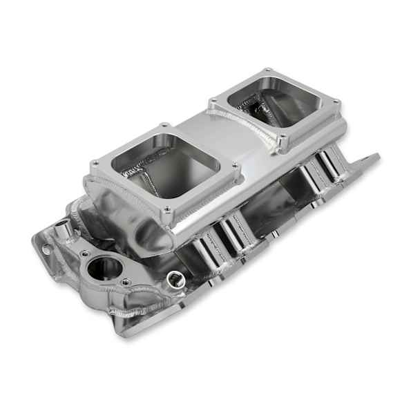 835171 Sniper Intake Manifold, Aluminum, Silver, Chevy Small Block V8, Single Plane 2 x 4500, Sold Individually