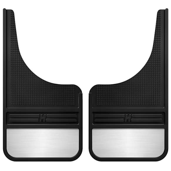 55001 Front, Driver and Passenger Side Mud Flaps, Black Center/Polished Weight, Rubber and Stainless Steel, MudDog Series
