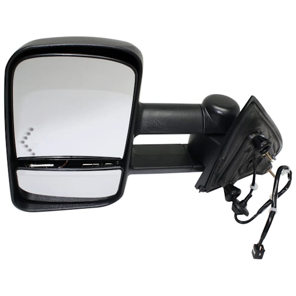 Driver Side Towing Mirror, Power Adjust, Heated, Manual Folding, Textured Black, In-glass Signal Light, Without Memory Recall, No Puddle Light, No Auto-Dimming, With Blind Spot Glass