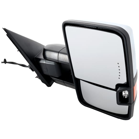 Passenger Side Towing Mirror, Power Adjust, Heated, Manual Folding, Chrome, In-glass Signal Light, No Memory, No Puddle Light, No Auto-Dim, No Blind Spot Feature