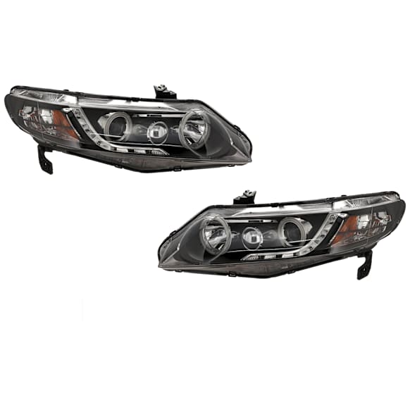 Driver and Passenger Side Projector Halogen Headlight, With bulb(s), Clear Lens, Black Interior, Sedan