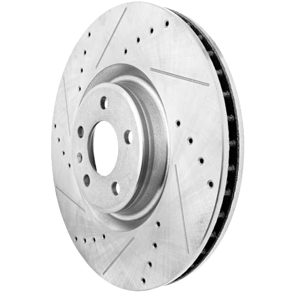 Front, Driver or Passenger Side Brake Disc, Natural Finish, Cross-drilled and Slotted, Vented, 5 Lugs, 356.11 mm