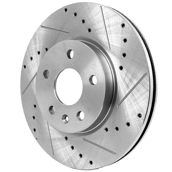 Front, Driver or Passenger Side Brake Disc, Natural Finish, Cross-drilled and Slotted, Vented, 5 Lugs, 276 mm