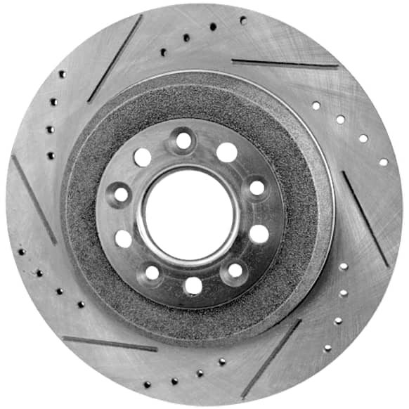 Rear, Driver or Passenger Side Brake Disc, Cross-drilled and Slotted, Solid, 5 Lugs, 12.99 in., Pro-Line Series