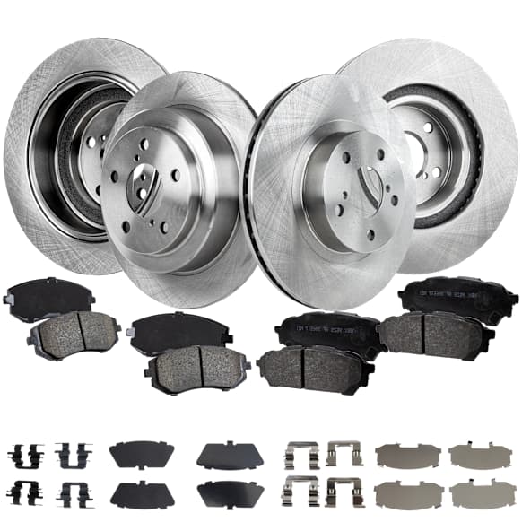 4-Wheel Set Front and Rear Brake Disc and Pad Kit, Plain Surface 5 Lugs Front-276.86 mm/Rear-265.43 mm Front-Ceramic/Rear-Organic Pro-Line Series, Includes (2) Brake Pad Set and (4) Brake Disc