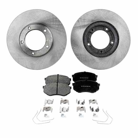 1993 Toyota Pickup - 2-Wheel Set Front Brake Disc and Pad Kit, Plain Surface, 5 lugs, 253.49 mm, Ceramic, RWD, Manual Transmission; Single Rear Wheels; 1 Piston Caliper, Standard Cab Pickup, Caliper Cast# F18Q, 3.0L 6Cyl, Pro-Line Series Includes (2) Dis