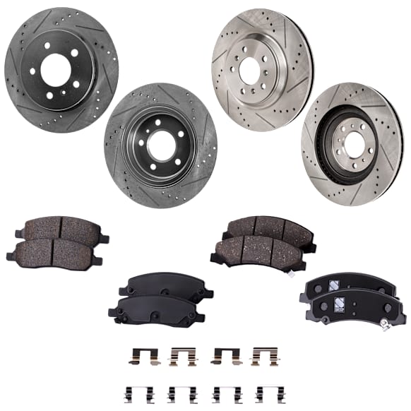 4-Wheel Set Front and Rear Brake Disc and Pad Kit, Cross-drilled and Slotted, 5 Lugs, Ceramic, Except Heavy Duty Brakes, Pro-Line Series, Includes (4) Disc and (2) Pad Set