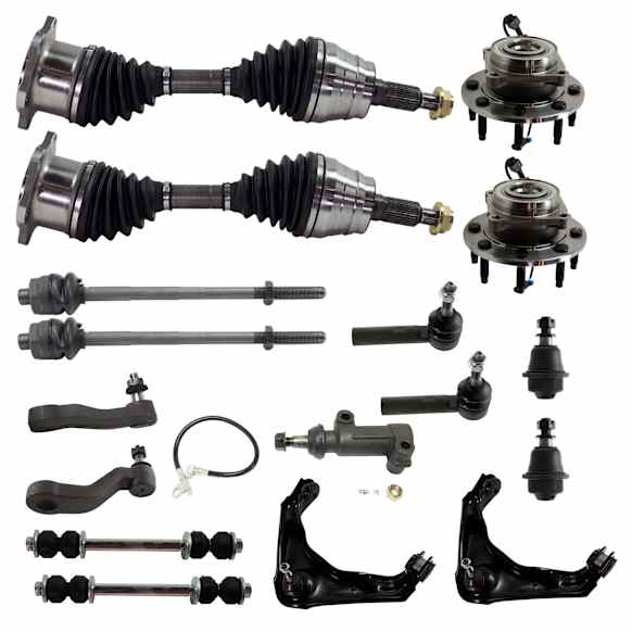 17-Piece Front Suspension Kit Includes (4) Tie Rod End, (2) Ball Joint, (1) Idler Arm, (1) Pitman Arm, (1) Idler Arm Bracket, (2) Sway Bar Link, (2) Control Arm, (2) Axle Assembly and (2) Wheel Hub