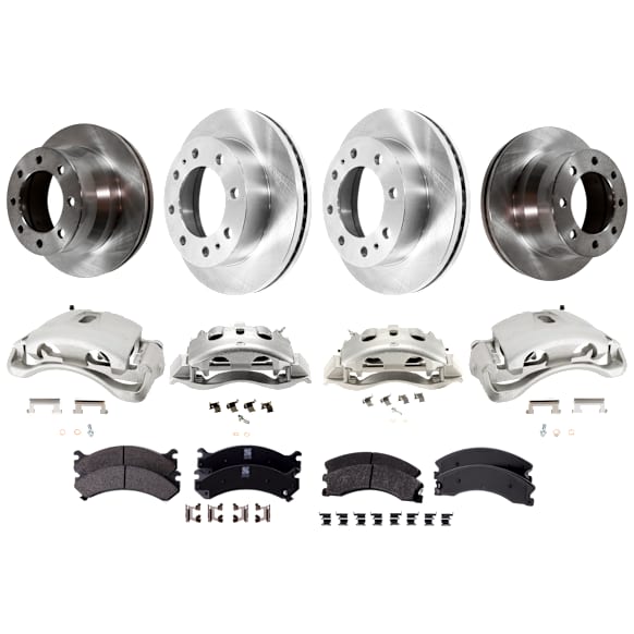 4-Wheel Set Front and Rear Brake Kit With Calipers, Plain Surface 8 Lugs Front-324.61 mm/Rear-344.93 mm Front-Ceramic/Rear-Semi-Metallic, Includes (4) Caliper, (4) Disc and (2) Pad Set