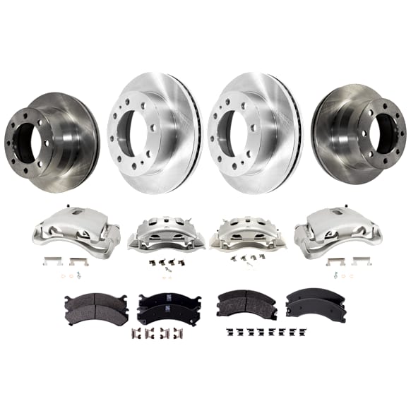 4-Wheel Set Front and Rear Brake Kit With Calipers, Plain Surface 8 Lugs Front-324.61 mm/Rear-344.93 mm Front-Ceramic/Rear-Semi-Metallic, Includes (4) Caliper, (4) Disc and (2) Pad Set