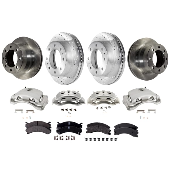 4-Wheel Set Front and Rear Brake Kit With Calipers, Front-Cross-drilled and Slotted/Rear-Plain Surface, 8 Lugs, Front-Ceramic/Rear-Semi-Metallic, Includes (4) Caliper, (4) Disc, and (2) Pad Set