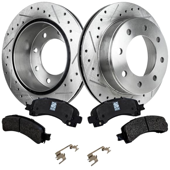 2014 Chevrolet Express 3500 LT - 2-Wheel Set Rear Brake Disc and Pad Kit, Natural Finish, Cross-drilled and Slotted, 8 Lugs, 329.95 mm, Ceramic, DIESEL, Exc. Models With 14040 Lbs. GVW, For Models With Single Rear Wheels, 6.6L 8Cyl, Includes (2) Disc and (1) Pad Set