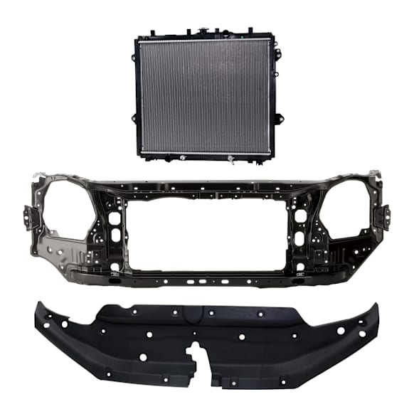 3-Piece Kit Radiator, 6 Cyl 4.0L, includes (1) Radiator, (1) Radiator Support, and (1) Radiator Support Cover