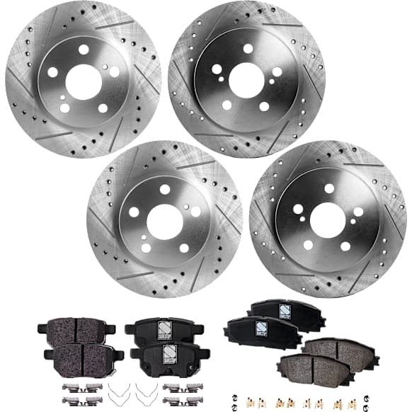 4-Wheel Set Front and Rear Brake Disc and Pad Kit, Cross-drilled and Slotted Front-255.02 mm/Rear-259.08 mm, Includes (4) Disc and (2) Pad Set