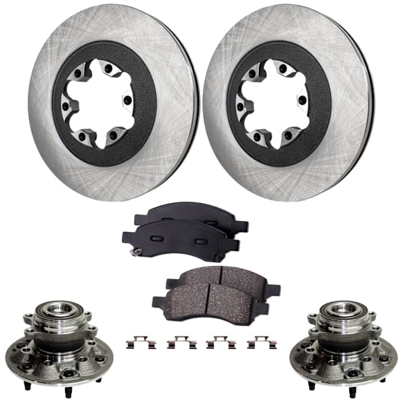 2-Wheel Set Front, Driver and Passenger Side Wheel Hub, Includes (2) Brake Disc, (1) Brake Pad Set, and (2) Wheel Hub