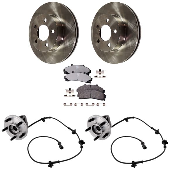 2-Wheel Set Front, Driver and Passenger Side Wheel Hub, Includes (2) Brake Disc, (1) Brake Pad Set, and (2) Wheel Hub
