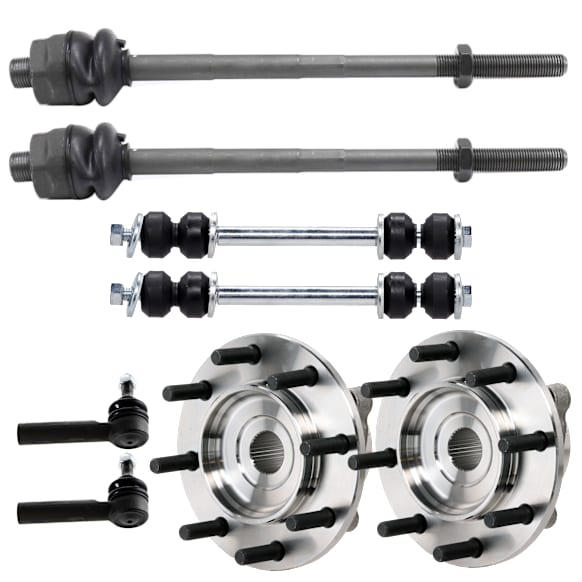 2-Wheel Set Front, Driver and Passenger Side Wheel Hub, Includes (2) Sway Bar Link, (4) Tie Rod End, and (2) Wheel Hub