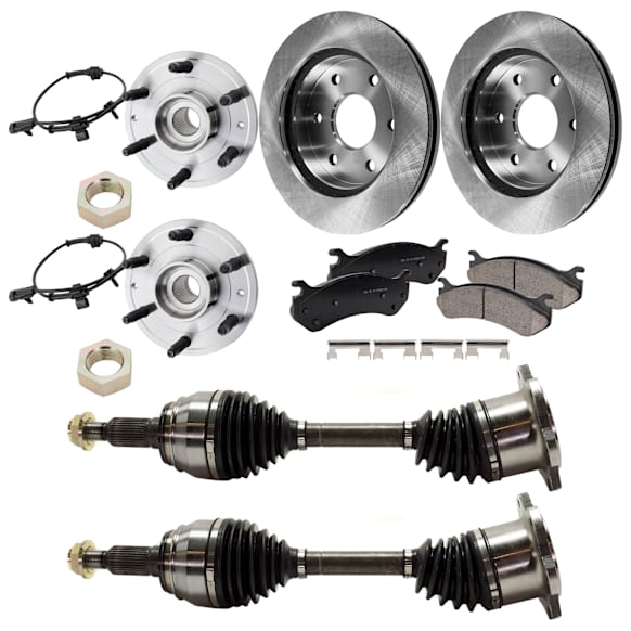 2-Wheel Set Front Brake Kit with Axle Assembly and Wheel Hubs, Plain Surface, 6 Lugs, 305.05 mm, Ceramic, Includes (2) Axle Assembly, (2) Disc, (1) Pad Set, and (2) Wheel Hub