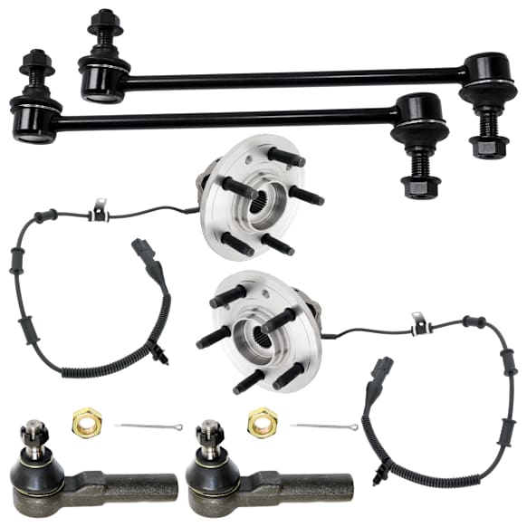 2-Wheel Set Front, Driver and Passenger Side Wheel Hub, 5 Lugs, With Bearing, With Sensor, Includes (2) Wheel Hub, (2) Tie Rod End and (2) Sway Bar Link