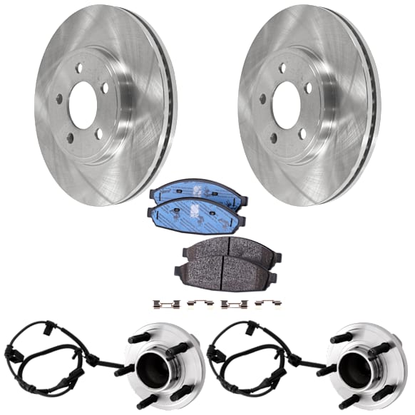 2-Wheel Set Front, Driver and Passenger Side Wheel Hub, Includes (2) Brake Disc, (1) Brake Pad Set, and (2) Wheel Hub