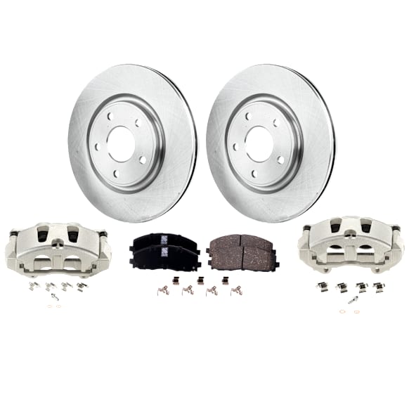 2-Wheel Set Front Brake Kit With Calipers, Plain Surface 5 Lugs 329.95 mm Ceramic, Includes (2) Brake Caliper, (2) Brake Disc and (1) Brake Pad Set