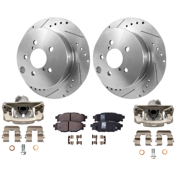 2-Wheel Set Rear Brake Kit With Calipers, Cross-drilled and Slotted 5 Lugs 274 mm Ceramic AWD, Includes (2) Brake Caliper, (2) Brake Disc and (1) Brake Pad Set