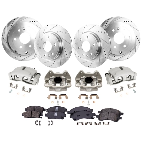 4-Wheel Set Front and Rear Brake Kit With Calipers, Cross-drilled and Slotted 6 Lugs Front-325 mm/Rear-330.96 mm Front-Ceramic/Rear-Semi-Metallic, Includes (4) Caliper, (4) Disc and (2) Pad Set