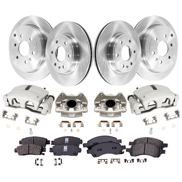 4-Wheel Set Front and Rear Brake Kit With Calipers, Plain Surface 6 Lugs Front-325.12 mm/Rear-330.96 mm Front-Ceramic/Rear-Semi-Metallic, Includes (4) Caliper, (2) Pad Set and (4) Disc