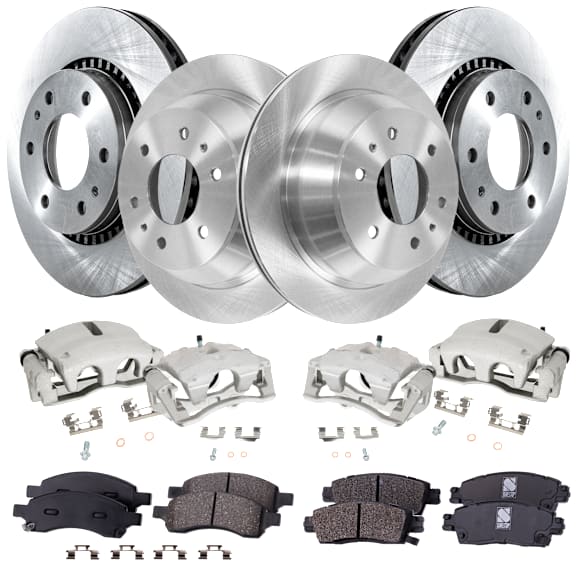 4-Wheel Set Front and Rear Brake Kit With Calipers, Plain Surface 6 Lugs Front-302.01 mm/Rear-325.12 mm Front-Ceramic/Rear-Semi-Metallic, Includes (4) Caliper, (4) Disc and (2) Pad Set