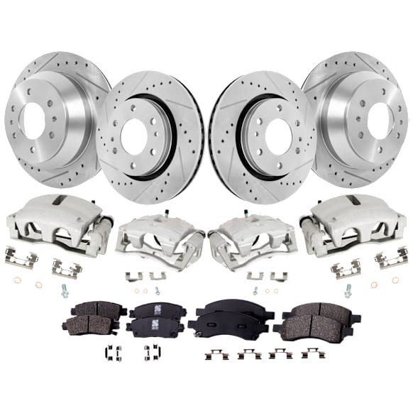 4-Wheel Set Front and Rear Brake Kit With Calipers, Cross-drilled and Slotted 6 Lugs Front-301.8 mm/Rear-325.12 mm Front-Ceramic/Rear-Semi-Metallic, Includes (4) Caliper, (2) Pad Set and (4) Disc