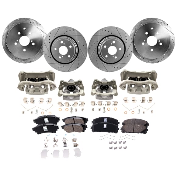 4-Wheel Set Front and Rear Brake Kit With Calipers, Cross-drilled and Slotted 5 Lugs Front-327.91 mm/Rear-309 mm Ceramic, Includes (4) Brake Caliper, (4) Brake Disc and (2) Brake Pad Set