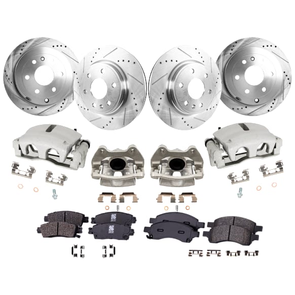 4-Wheel Set Front and Rear Brake Kit With Calipers, Cross-drilled and Slotted 6 Lugs Front-325 mm/Rear-330.96 mm Front-Ceramic/Rear-Semi-Metallic, Includes (4) Caliper, (4) Disc and (2) Pad Set