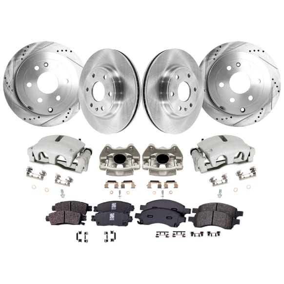 4-Wheel Set Front and Rear Brake Kit With Calipers, Front-Plain Surface/Rear-Cross-drilled and Slotted, 6 Lugs, Front-Ceramic/Rear-Semi-Metallic, Includes (4) Caliper, (4) Disc and (2) Pad Set