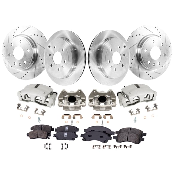 4-Wheel Set Front and Rear Brake Kit With Calipers Front-Cross-drilled and Slotted/Rear-Plain Surface, 6 Lugs, Front-Ceramic/Rear-Semi-Metallic, Includes (4) Caliper, (4) Disc, and (2) Pad Set