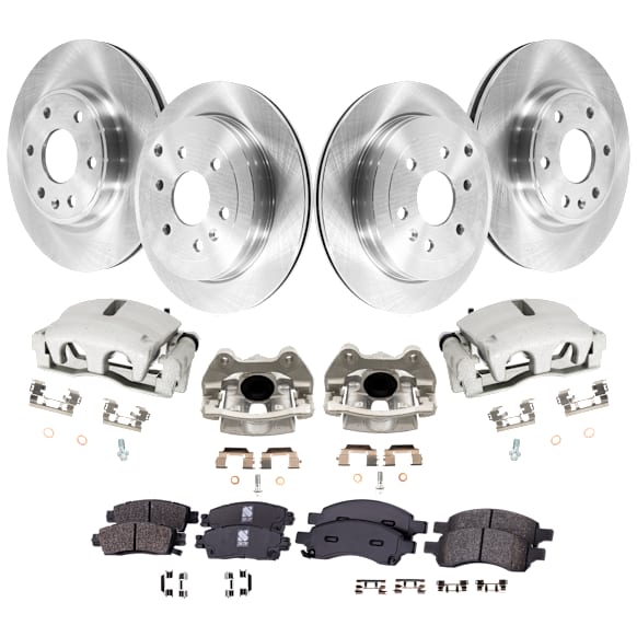 4-Wheel Set Front and Rear Brake Kit With Calipers, Plain Surface 6 Lugs Front-325.12 mm/Rear-330.96 mm Front-Ceramic/Rear-Semi-Metallic, Includes (4) Caliper, (2) Pad Set and (4) Disc