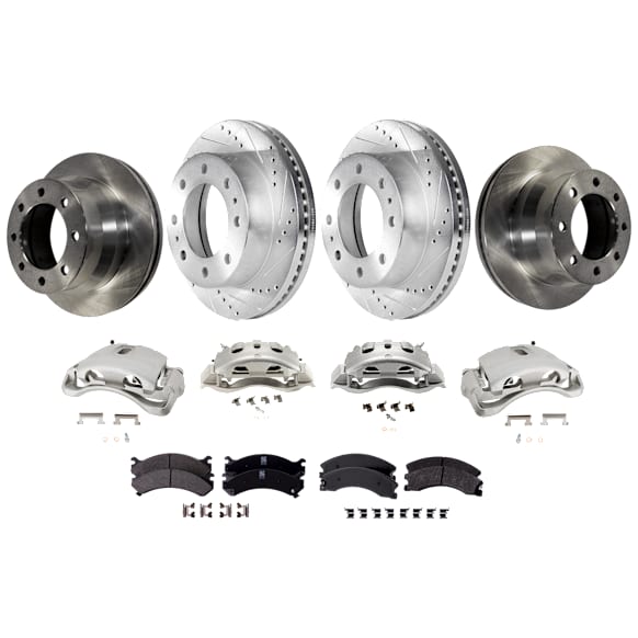 4-Wheel Set Front and Rear Brake Kit With Calipers, Front-Cross-drilled and Slotted/Rear-Plain Surface, 8 Lugs, Front-Ceramic/Rear-Semi-Metallic, Includes (4) Caliper, (4) Disc, and (2) Pad Set