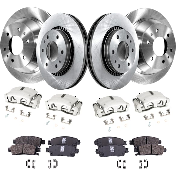 4-Wheel Set Front and Rear Brake Kit With Calipers, Plain Surface 6 Lugs Front-302.01 mm/Rear-325.12 mm Front-Ceramic/Rear-Semi-Metallic, Includes (4) Caliper, (4) Disc and (2) Pad Set