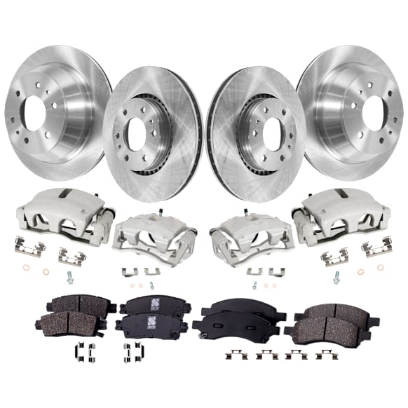 4-Wheel Set Front and Rear Brake Kit With Calipers, Plain Surface 6 Lugs Front and Rear-325.12 mm Front-Ceramic/Rear-Semi-Metallic, Includes (4) Brake Caliper, (4) Brake Disc and (2) Brake Pad Set