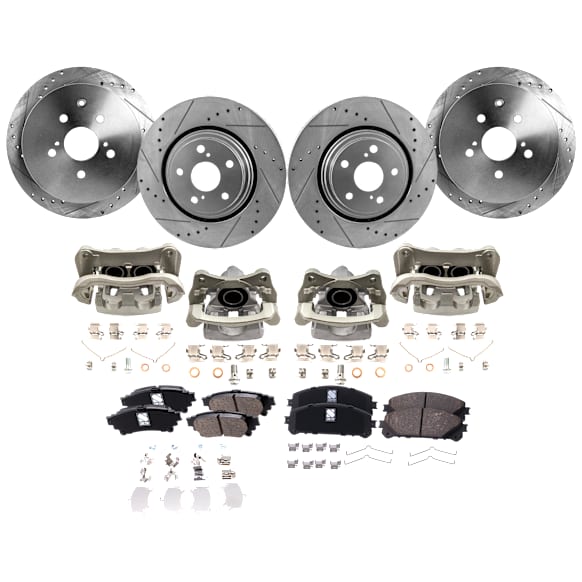 4-Wheel Set Front and Rear Brake Kit With Calipers, Cross-drilled and Slotted 5 Lugs Front-327.91 mm/Rear-309 mm Ceramic, Includes (4) Brake Caliper, (4) Brake Disc and (2) Brake Pad Set