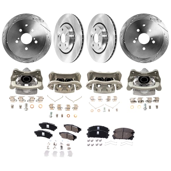 4-Wheel Set Front and Rear Brake Kit With Calipers, Front-Plain Surface/Rear-Cross-drilled and Slotted 5 Lugs Front-327.91 mm/Rear-309 mm Ceramic, Includes (4) Caliper, (4) Disc and (2) Pad Set