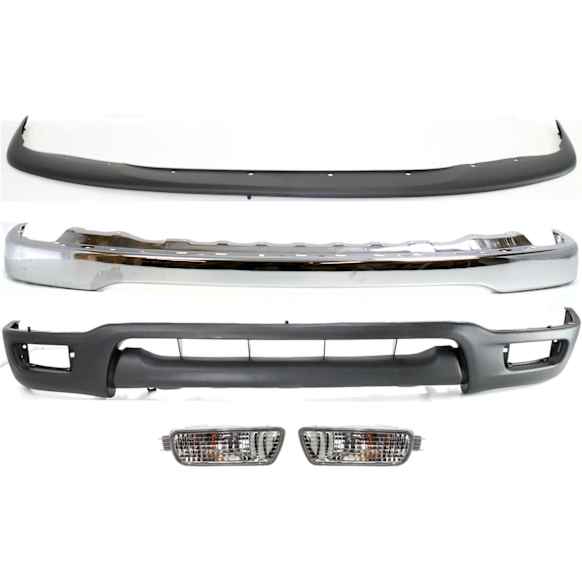 2001-2004 Toyota Tacoma - 5-Piece Kit Front Bumper Chrome, Includes (1) Valance, (1) Bumper Filler, (2) Turn Signal Light and (1) Bumper