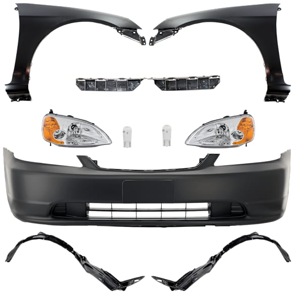 11-Piece Kit Driver and Passenger Side LED Headlight, Includes (2) Bumper Bracket, (1) Bumper Cover, (2) Fender, (2) Fender Liner, (2) Headlight, and (2) Light Bulb