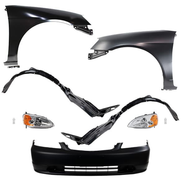 9-Piece Kit Driver and Passenger Side LED Headlight, Includes (1) Bumper Cover, (2) Fender, (2) Fender Liner, (2) Headlight, and (2) Light Bulb