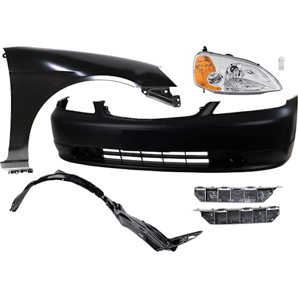 7-Piece Kit Passenger Side LED Headlight, Includes (2) Bumper Bracket, (1) Bumper Cover, (1) Fender, (1) Fender Liner, (1) Headlight, and (1) Light Bulb