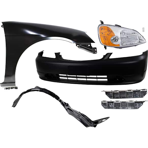 7-Piece Kit Passenger Side LED Headlight, Includes (2) Bumper Bracket, (1) Bumper Cover, (1) Fender, (1) Fender Liner, (1) Headlight, and (1) Light Bulb