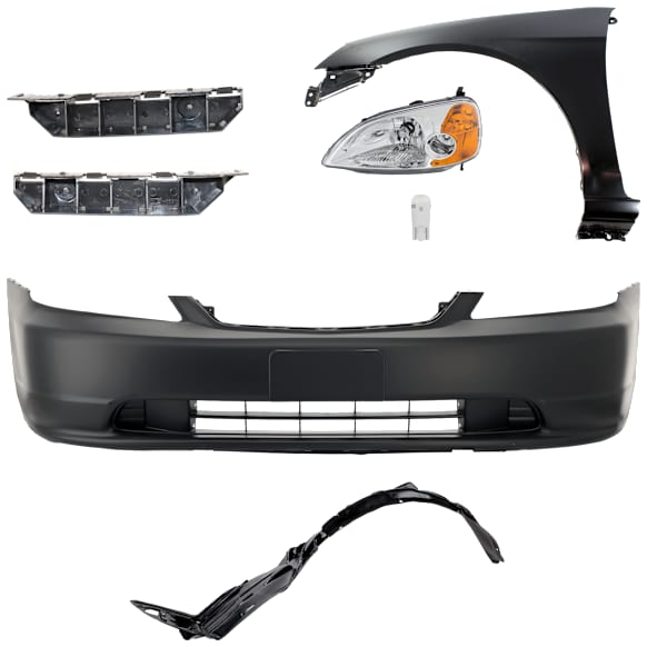 7-Piece Kit Driver Side LED Headlight, Includes (2) Bumper Bracket, (1) Bumper Cover, (1) Fender, (1) Fender Liner, (1) Headlight, and (1) Light Bulb