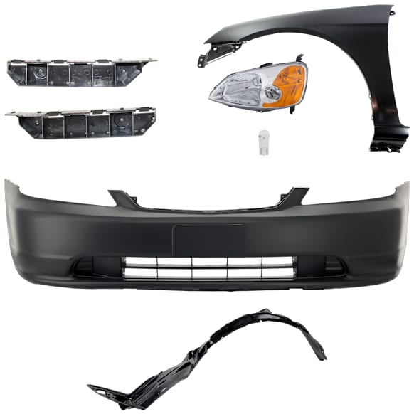7-Piece Kit Driver Side LED Headlight, Includes (2) Bumper Bracket, (1) Bumper Cover, (1) Fender, (1) Fender Liner, (1) Headlight, and (1) Light Bulb