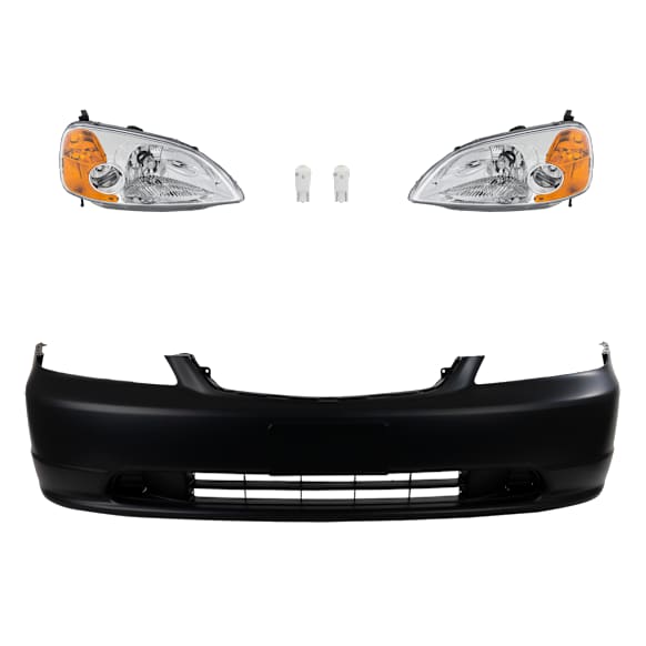 5-Piece Kit Driver and Passenger Side LED Headlight, Coupe, Includes (1) Bumper Cover, (2) Headlight, and (2) Light Bulb